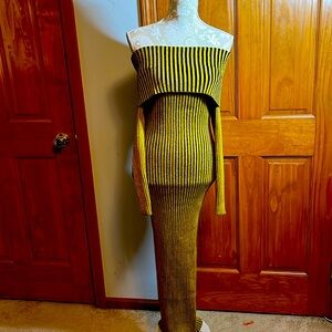 Gold and Black off the shoulder veritcal striped sweater dress maxi